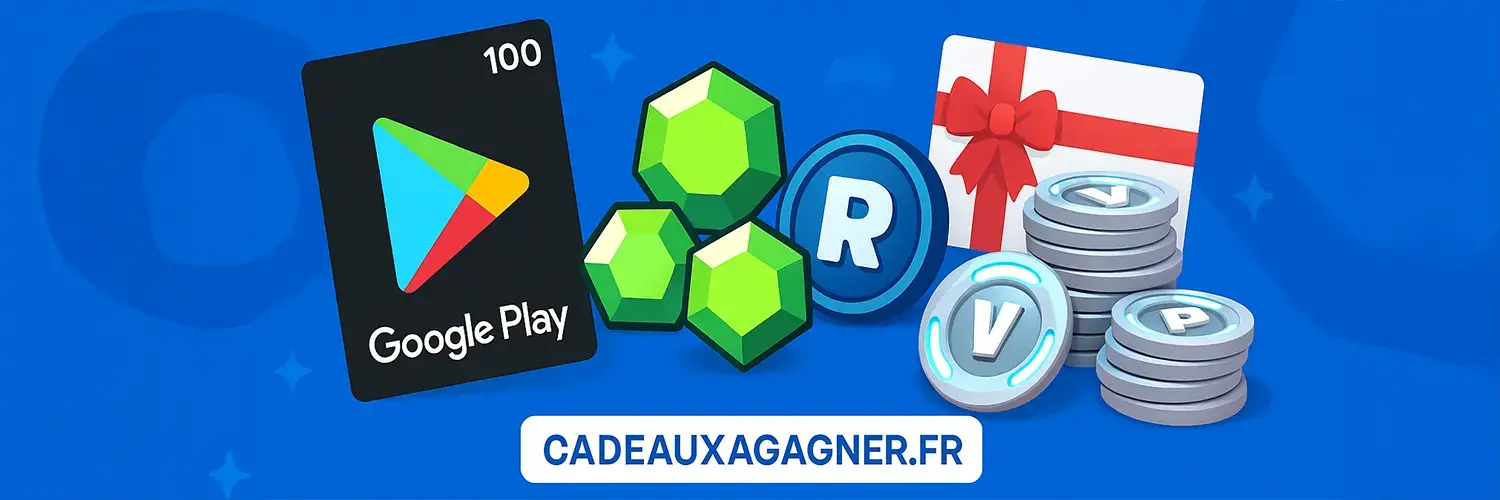 Cartes cadeaux Google Play, gemmes Brawl Stars, Robux et V-Bucks présentés sur fond bleu pour CadeauxAGagner.fr